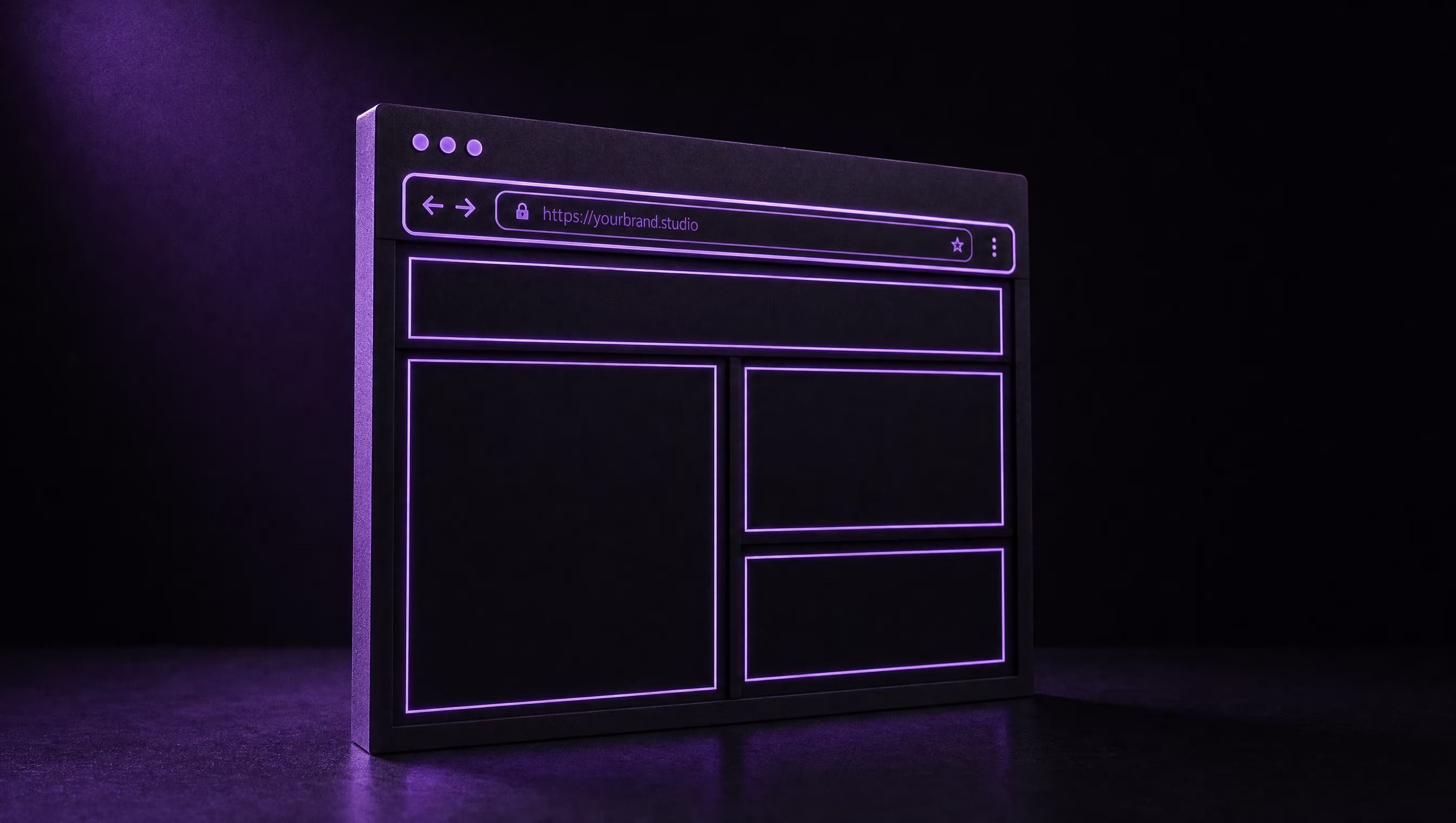 Abstract editorial sculpture of a matte black browser window standing upright like a storefront, its frame and address bar outlined in glowing violet neon