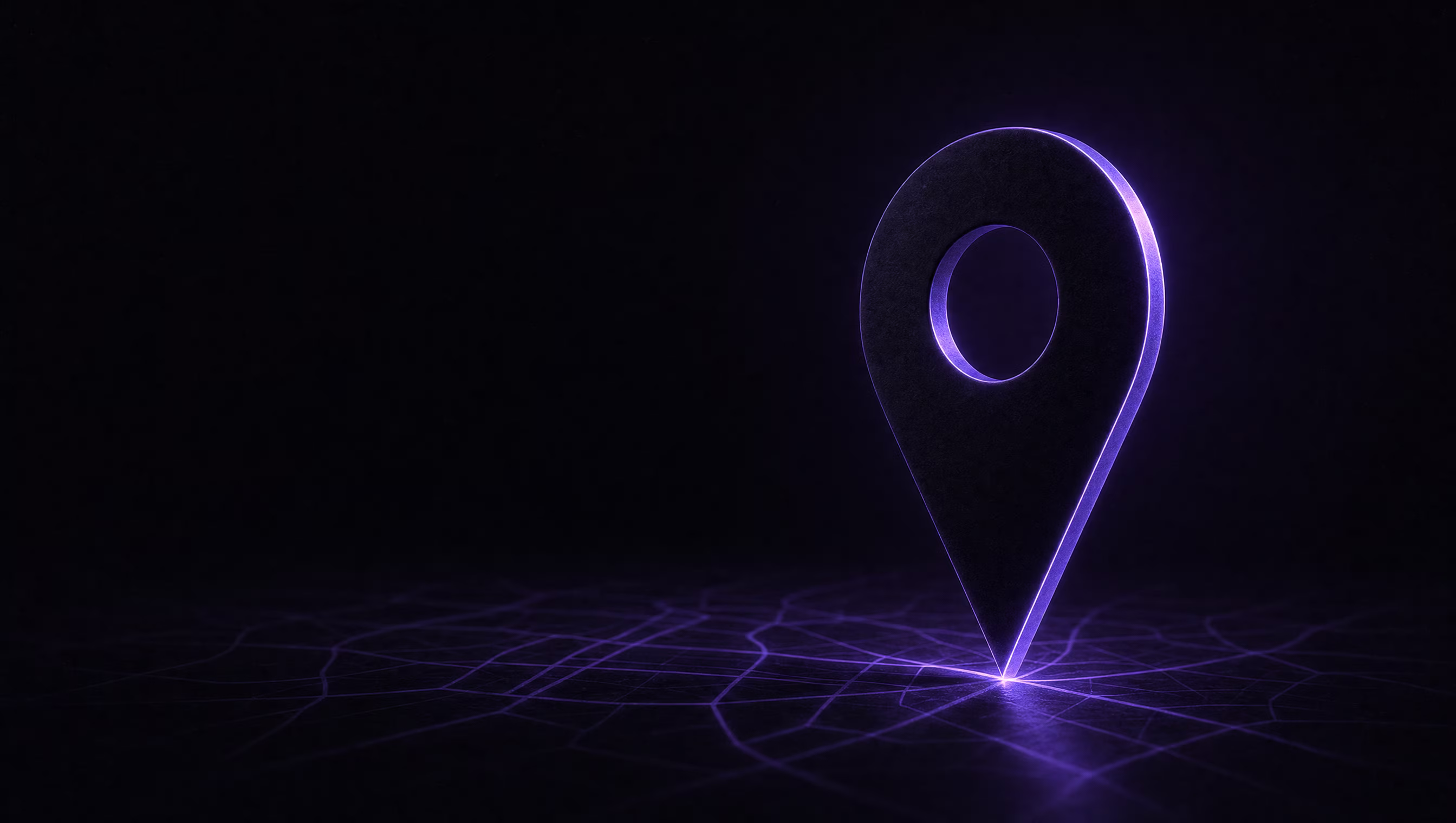 Abstract editorial sculpture of an oversized matte black map pin haloed in violet light, standing over faint glowing violet map grid lines
