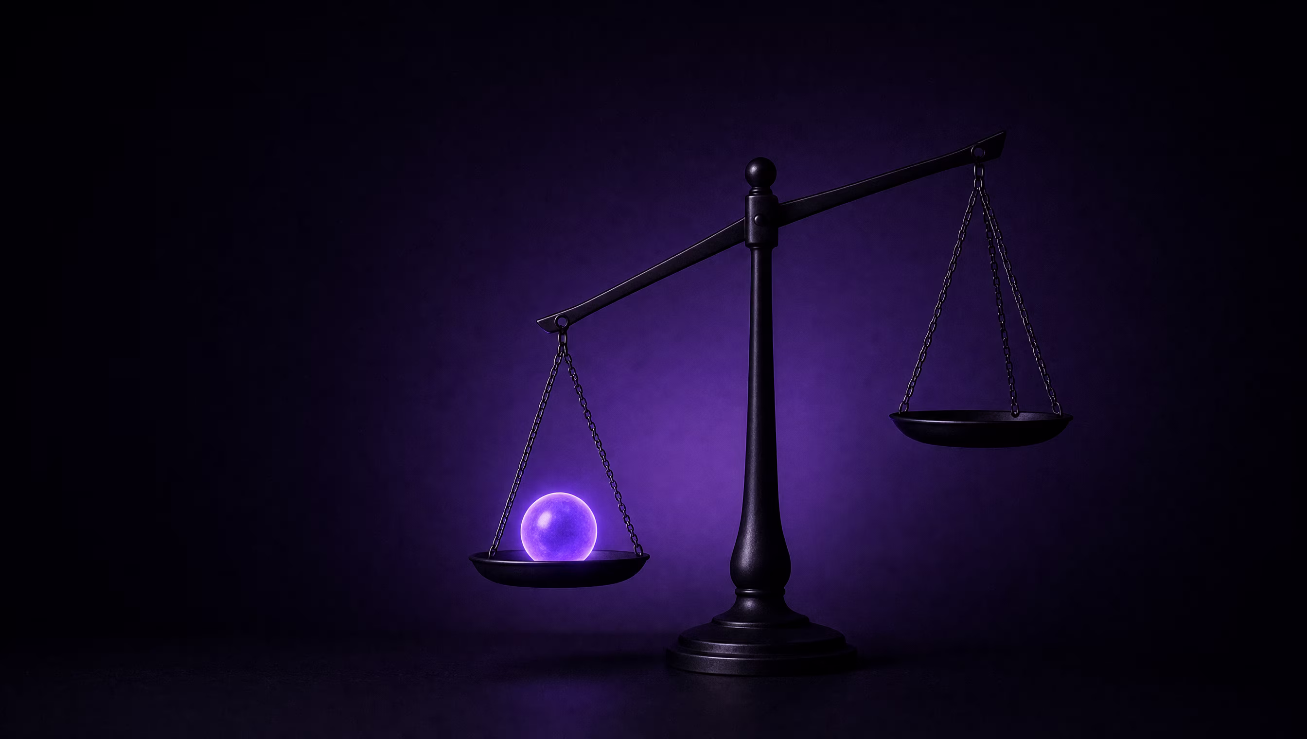 Abstract editorial sculpture of a matte black balance scale tipped by a single glowing violet sphere resting in one pan